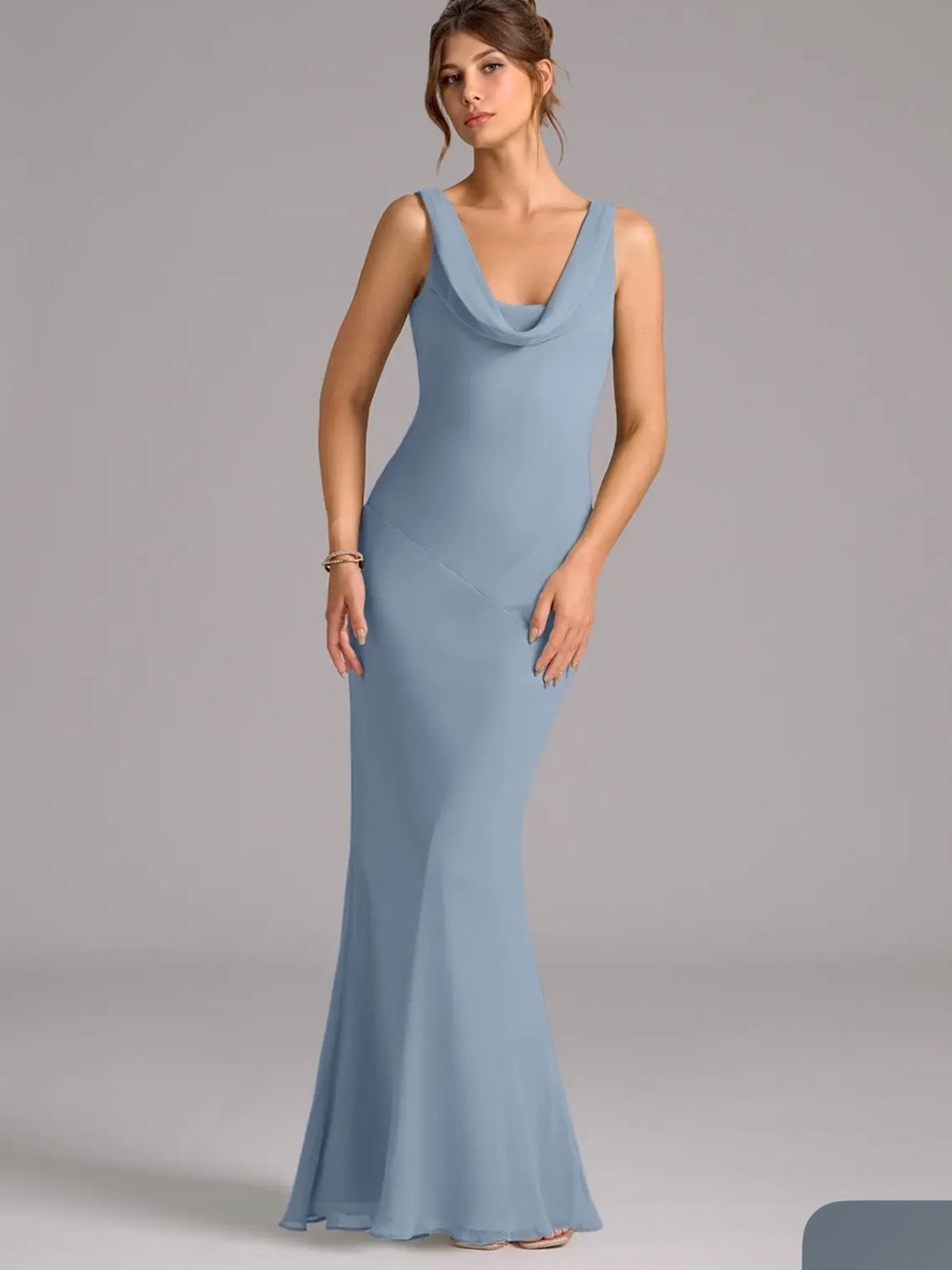 Cowl Neck Light Blue Evening Gown